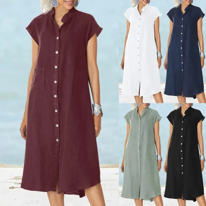 Casual Dresses Summer Women's Cotton Linen Long Dress Oversizes Spring Elegant Lady Plus Size Solid Loose With Pockets