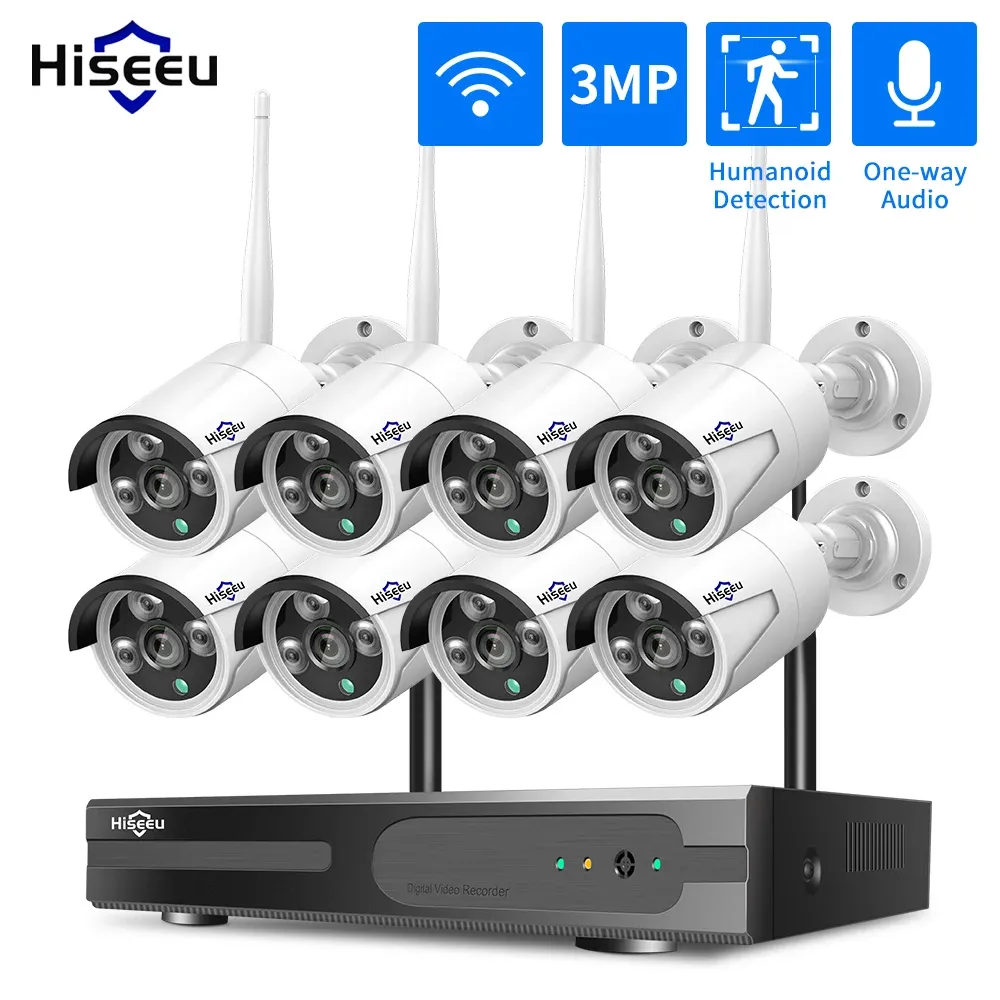 Objectif Hiseeu 5mp Wifi système de caméra de surveillance vidéo 10ch P2p Nvr ensemble Audio de mouvement extérieur Ir Vision nocturne caméra de vidéosurveillance Kit de sécurité