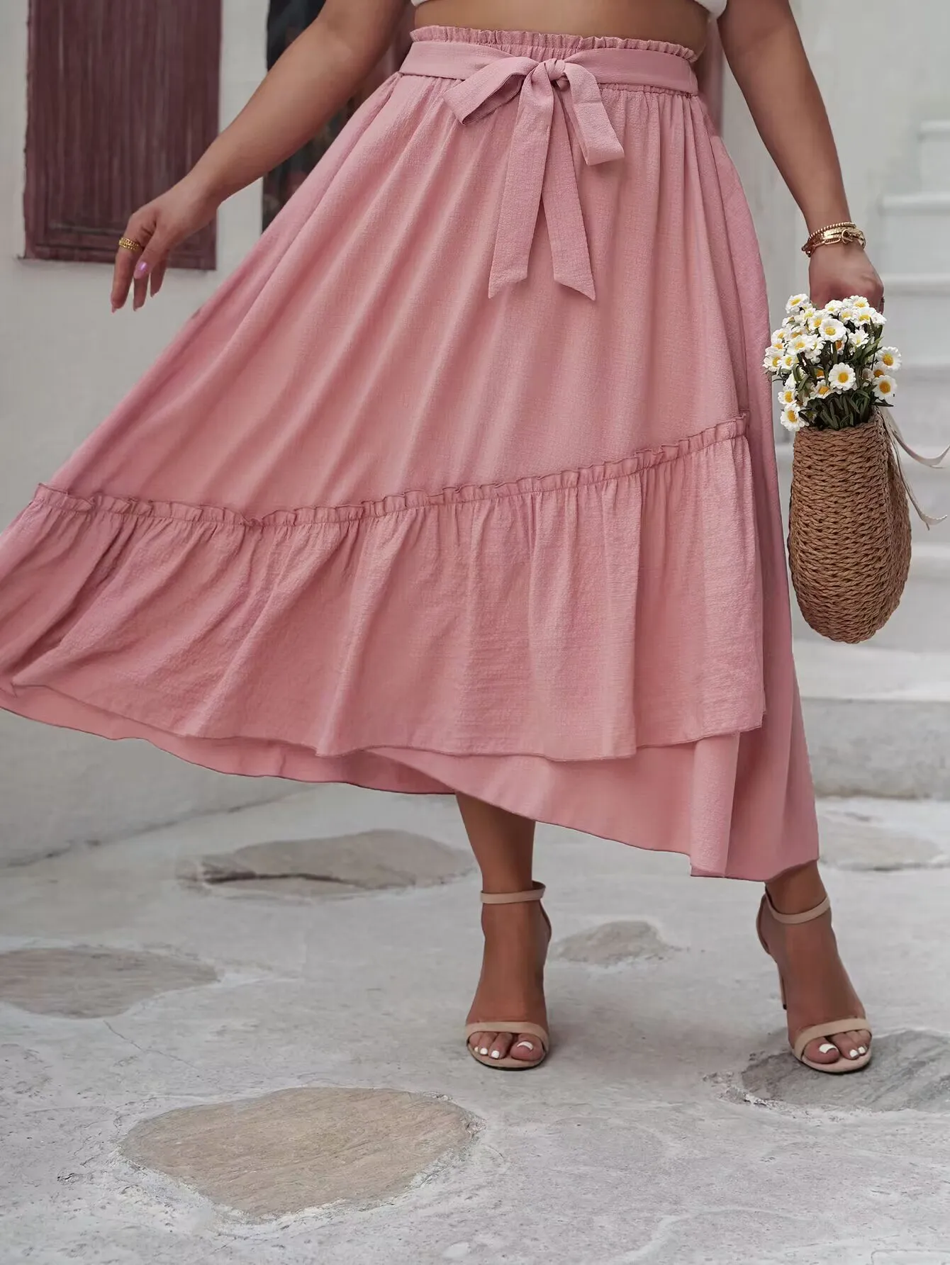 Pink Skirt Drawstring Waist Ruffle Skirt Plus Size Ruffle Skirt