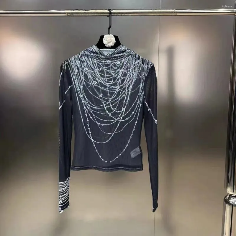 Kadın Bluzları 2024 Bahar Stand Yukarı yakalı uzun kollu kontrast zinciri desen perspektif örgü baharatlı kız tarzı alt gömlek