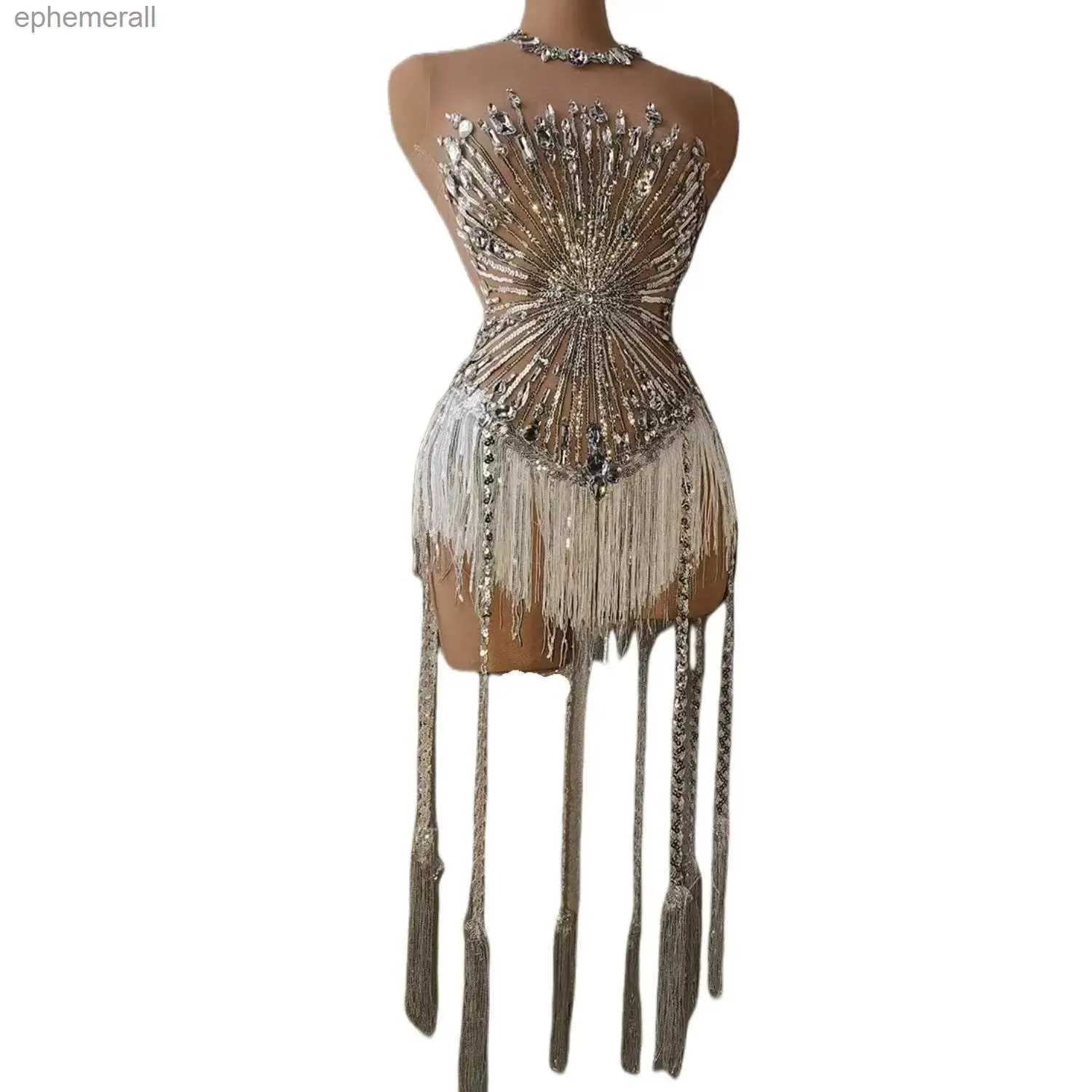 Urban Sexy Dresses Rhinestone Crystal Bodysuit Women Big Stretch Tassel Club Prom Drag Queen Costume DS Stage Singer Dance Fringe Leotard YQ240330