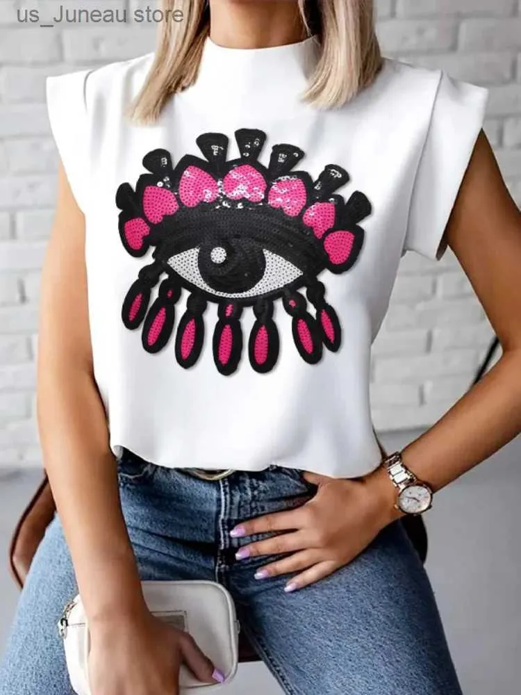 Women's Tanks Camis Yzzi 2023 New Summer Female Fashion Applique Embroidered High-Neck Casual Tops Loose Cap Slve Going Out T-Shirts For Women T240330