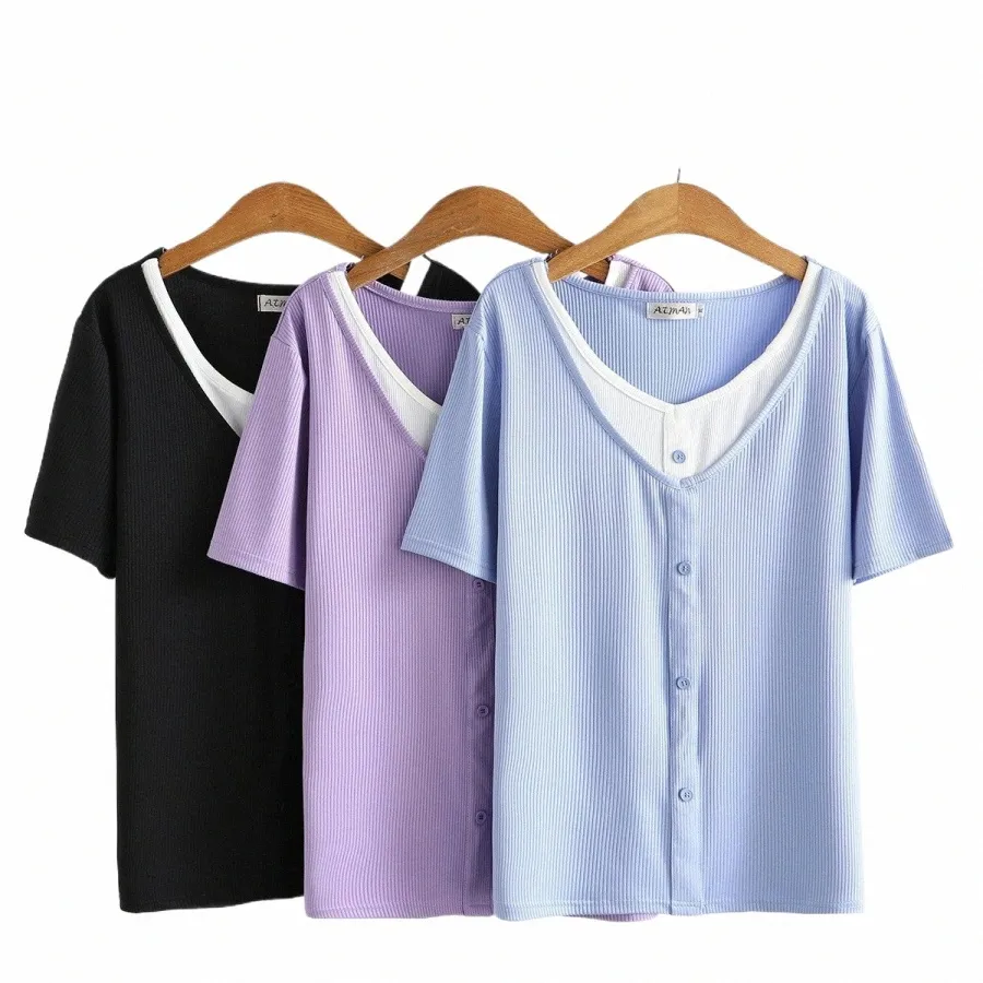 Nouveau 2022 Dames Été Plus Taille Tops en tricot pour femmes Grande taille Manches courtes Slim Bleu Élastique Col en V T-shirt 3XL 4XL 5XL 6XL E7s7 #