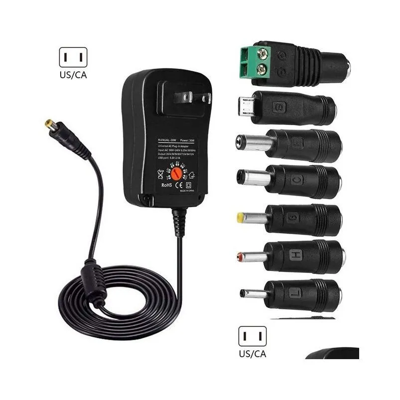 Cell Phone Chargers 3-12V 30W Adjustable Dc Output Power Supply Eu Us Uk Plug 100-240V Ac Input With 8 Plugs 130Cm Led Charger Adapter Oti0K