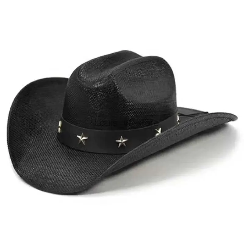 Brede rand hoeden emmer zomer cowboy strohoed dubbele concave top puur zwart western outdoor strand zonnescherm gorras para hombres H240330