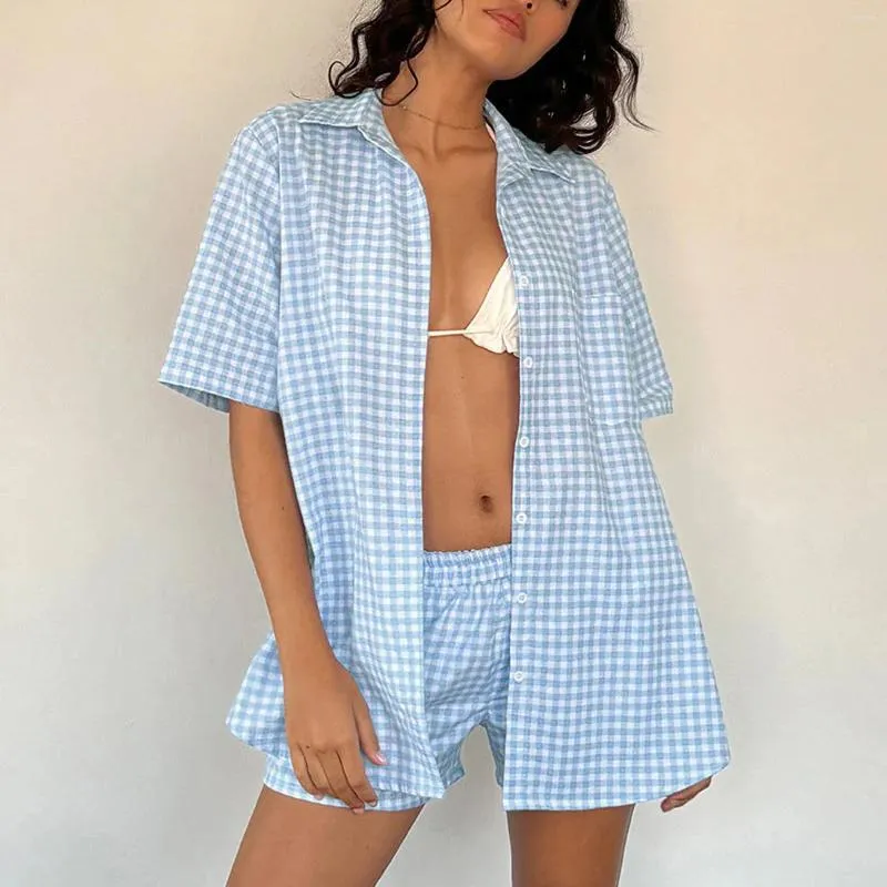 Home Clothing Gaono Women's Lounge Outfits Lapel Neck Short Sleeve Button Down Tops Elastic Waist Shorts Plaid 2 Piece Pajama Set For Summer