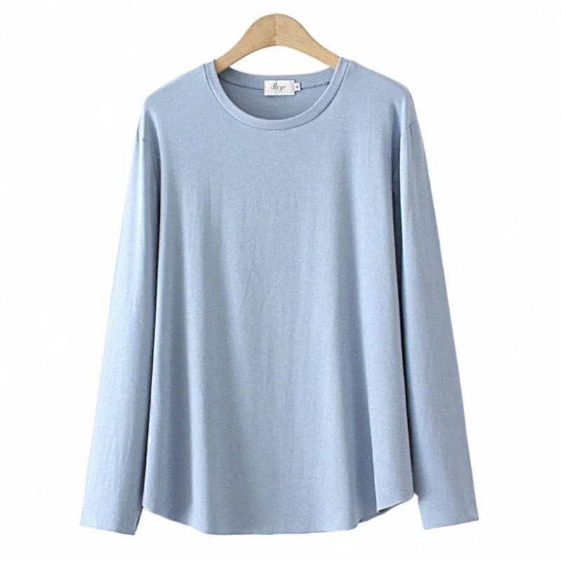 2022 Autumn Lg Sleeve T-Shirt Plus Size Women Clothing Strecth Loose Fit Cott Tops B O-Neck Solid Color Curve Tees U7AH#