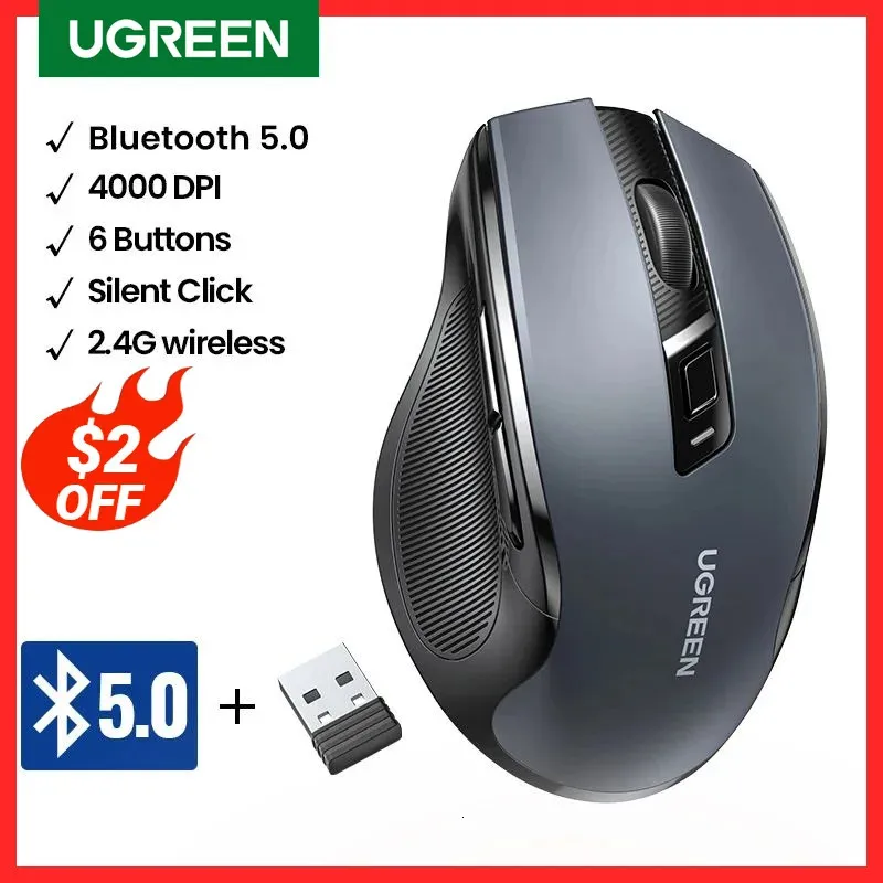 UGREEN Mouse Senza Fili Bluetooth50 Ergonomico 4000 DPI 6 Pulsanti Mute Per Tablet Laptop Computer PC 24G Mouse 240314