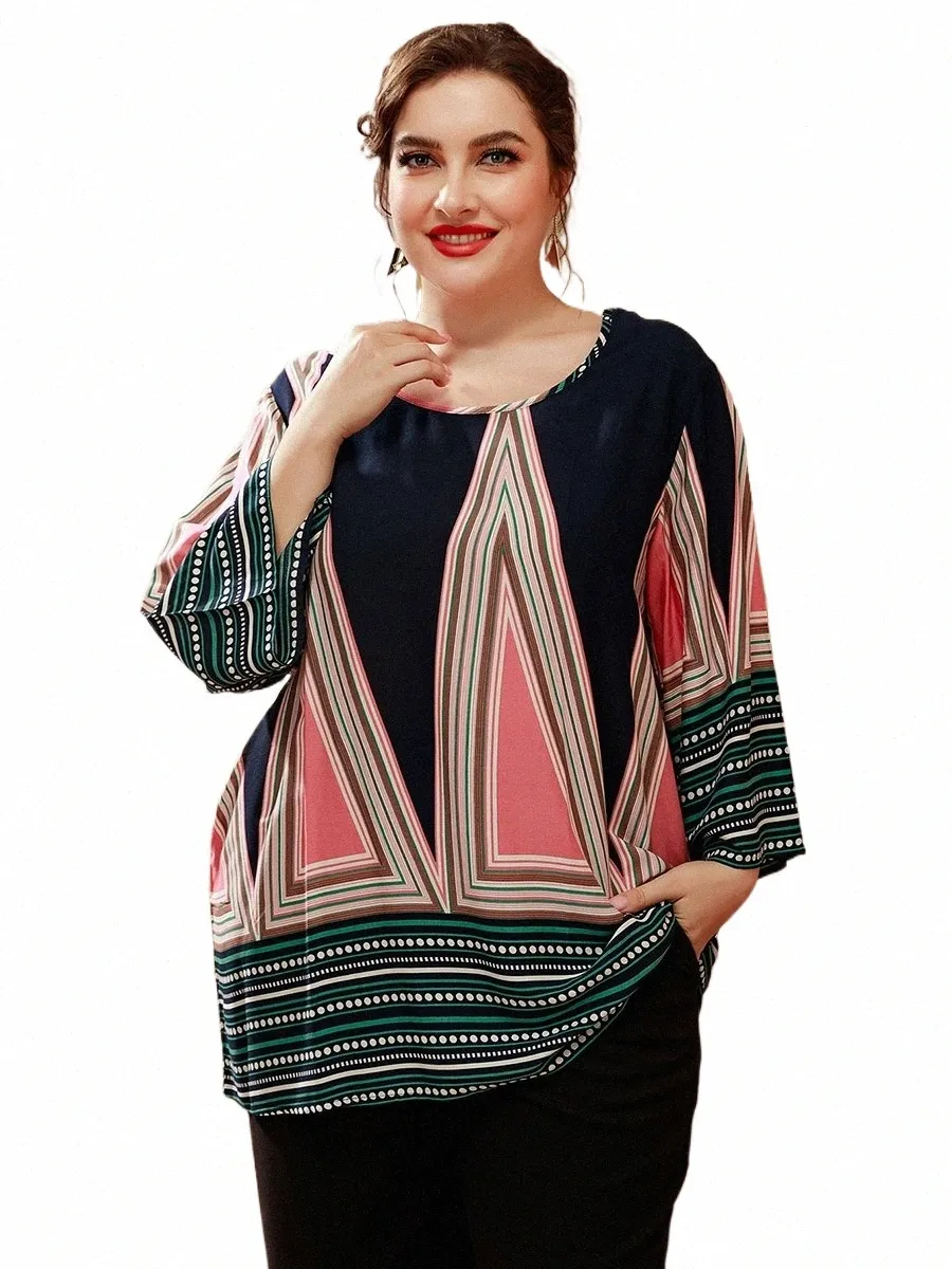 4xl 5xl Plus Size Ladies Top 2022 Summer LG Rękaw geometryczny nadruk swobodna bluzka luźne koszulki tee n42K#