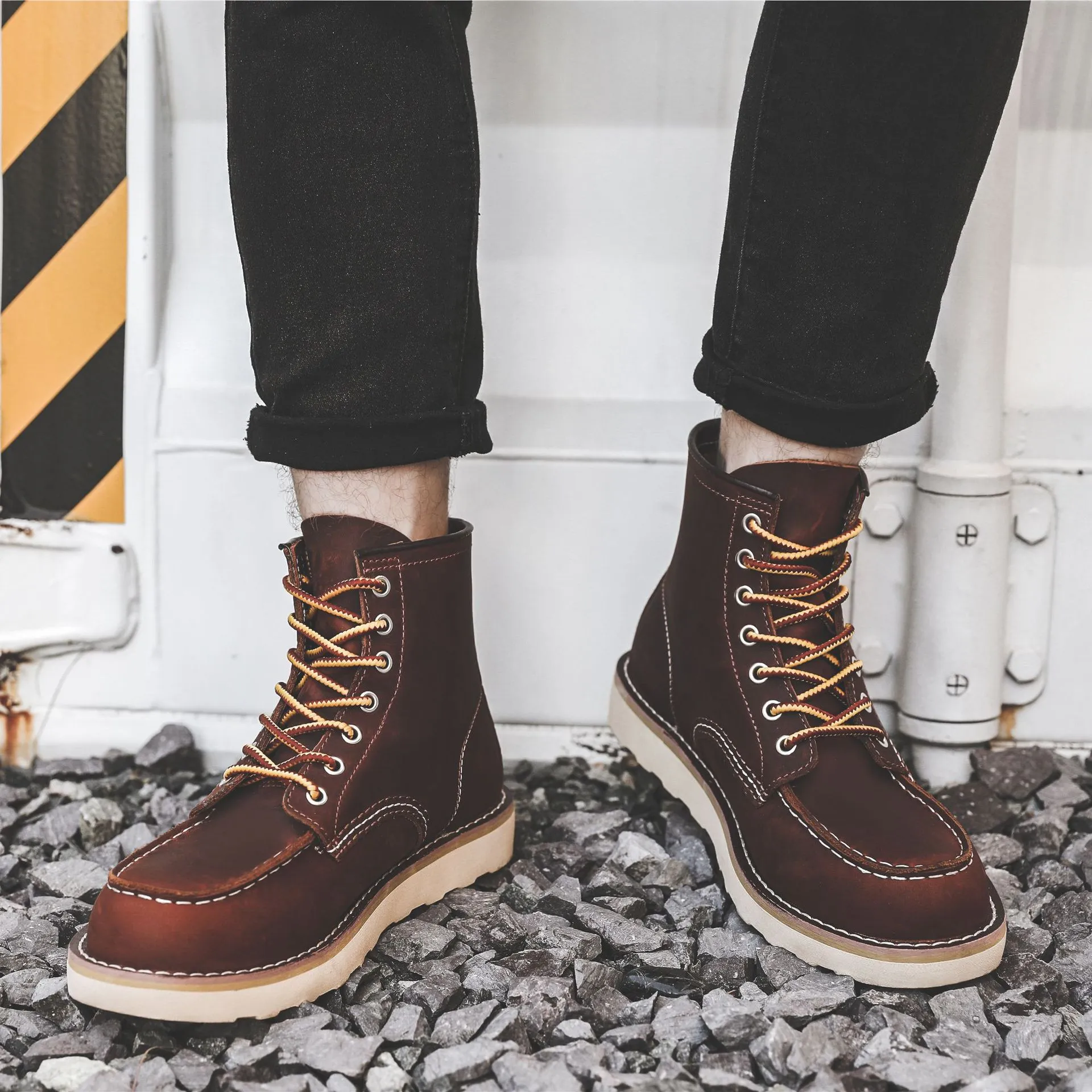 Herren Frühling Winter Freizeitschuhe Runde Zehen Echtleder Arbeitsstiefel Knöchel Vintage Militär Motorradstiefel Schnee Warm Große Größe_voghion.com