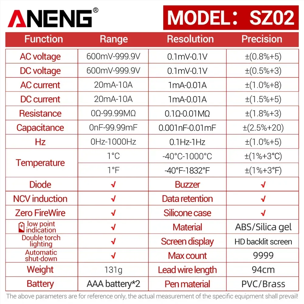 ANENG SZ01/SZ02ダイオードテスタープロフェッショナルデジタルマルチメーターTRUE RMS SMART AC/DC CURRENT VOLTAGE AUTO RANGE MULTIMETRESツール