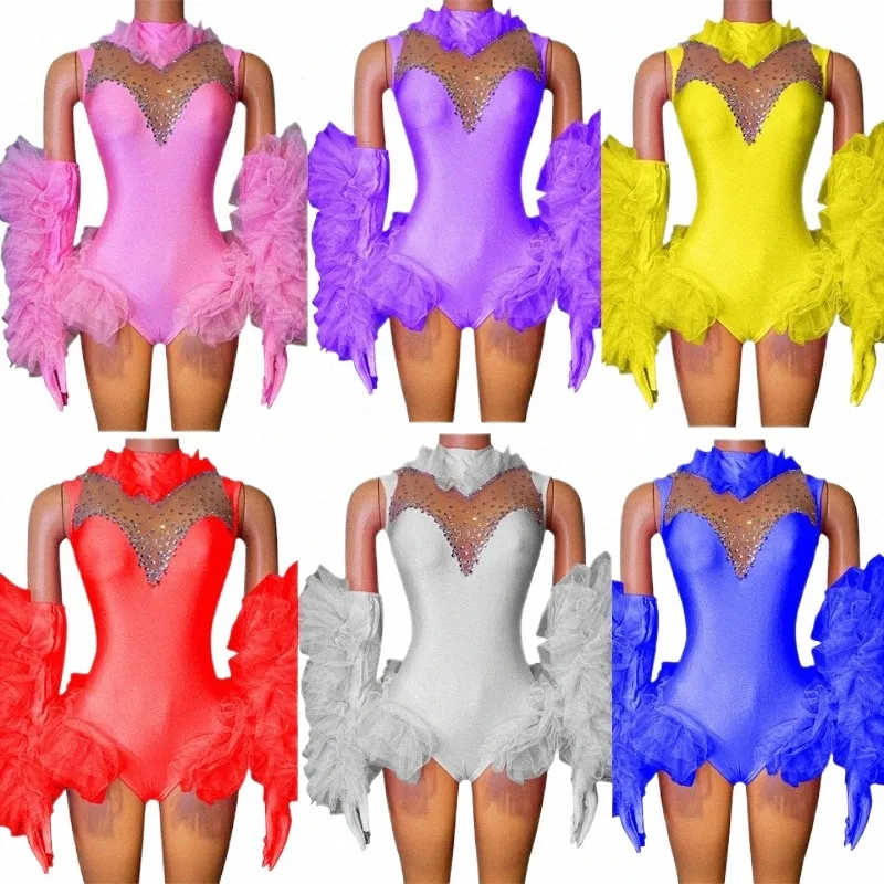 bright Color Rhinestes Bodysuit Lace Gloves Women Sexy Pole Dance Outfit Drag Queen Costumes Stage Gogo Dancer Clothing XS7754 e5o8#