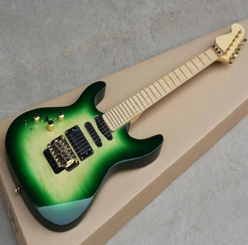 Guitare électrique verte pour gaucher avec matériel Floyd RoseGold, placage en érable flammé, peut être personnalisée sur demande 3883562