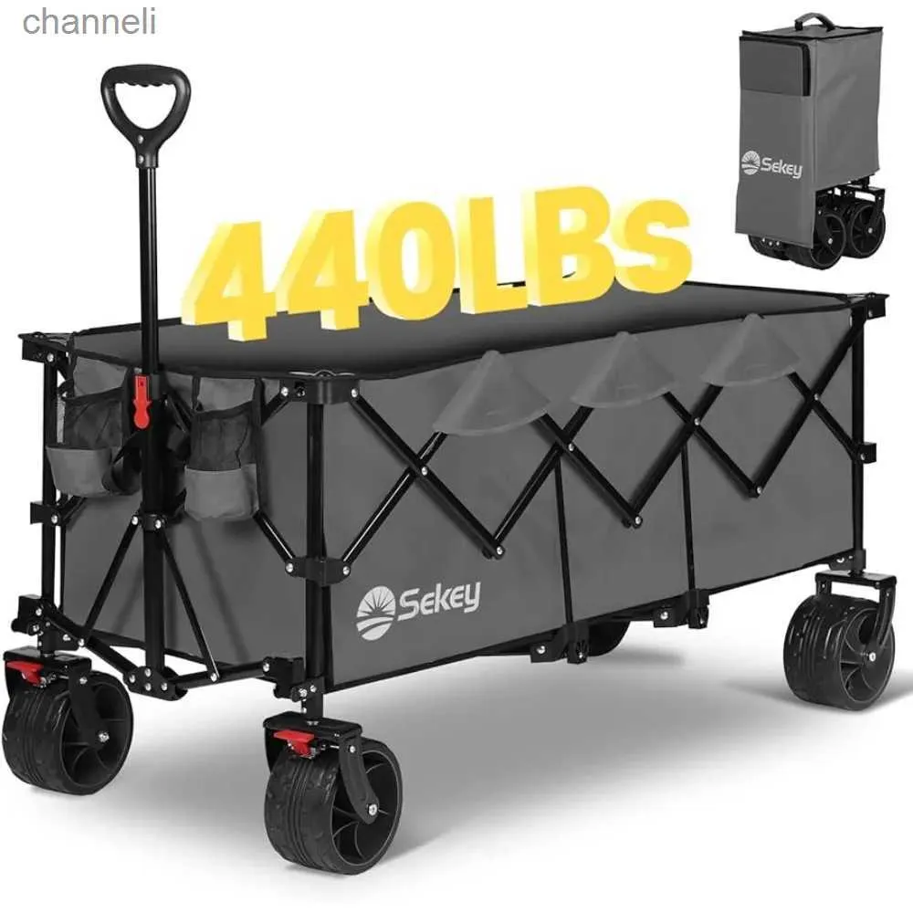 Camp Furniture Foldable Extended Wagon with 440lbs Weight Capacity Utility Garden Cart with Big All-Terrain Beach Wheels Drink Holders YQ240330