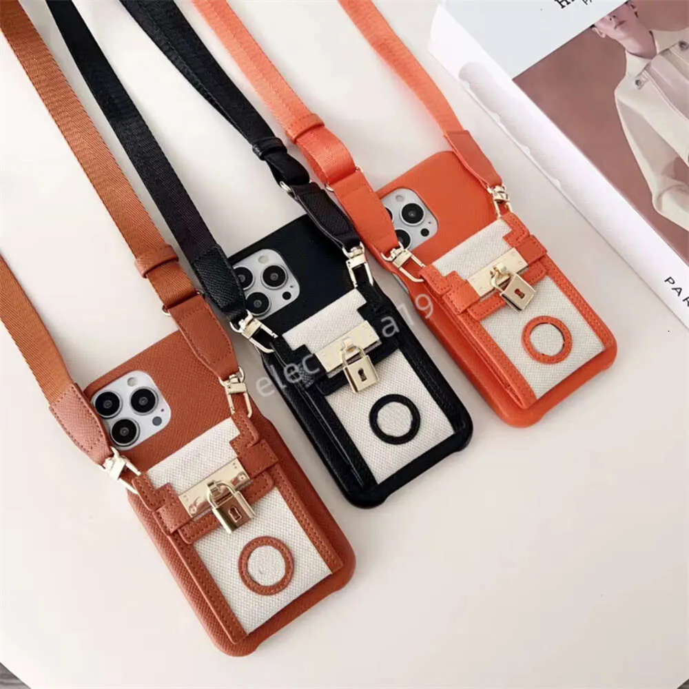Orange Fashion Designer Phone Cases for iphone 14 14pro 14plus 13 13pro 12 12pro 11 pro max Leather Card Holder Lock Luxury Cellphone Cover with Lanyard