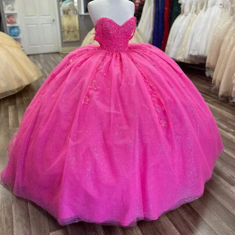 Rose rouge brillant robe De bal Quinceanera robe Corset dentelle Appliques perlée Tulle doux 16 robe Court Train robes De 15 Anos