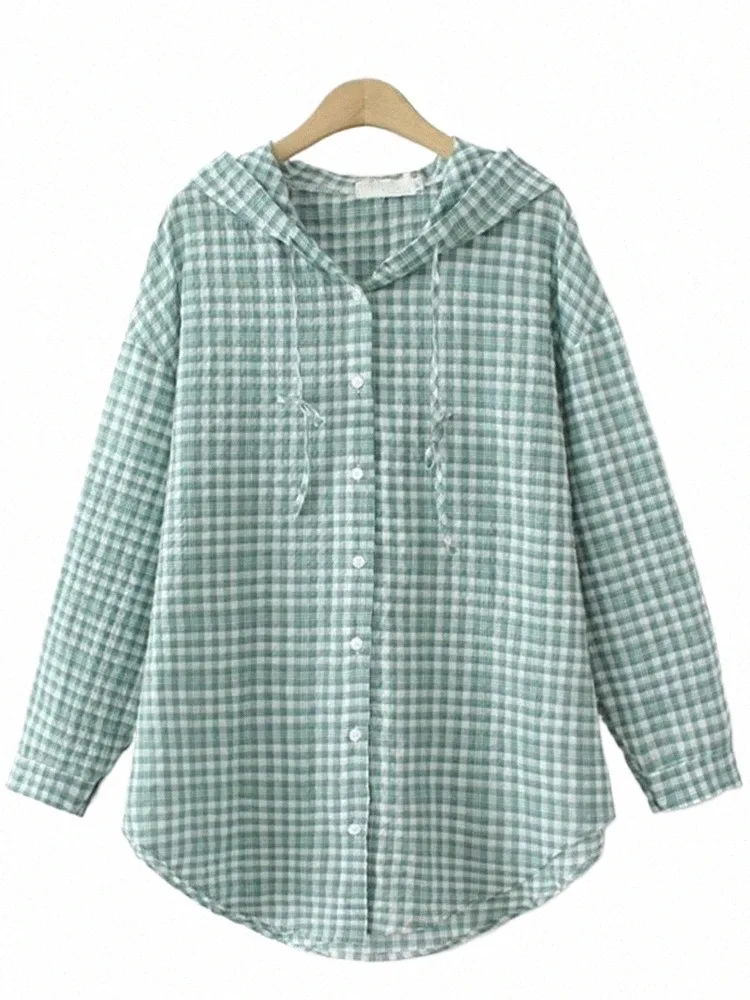 Camicia da donna taglie forti Estate Sottile Cott Plaid Top può essere utilizzato come giacca protettiva solare Cardigan con cappuccio manica lunga leggera u1HY #