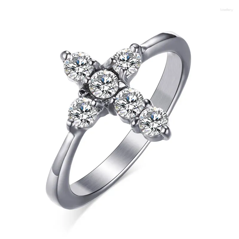 Cluster Rings Women Bling Stone Cross Ring Stainless Steel Zirconia Wedding Engagement Prayer Jewelry Gift R637G