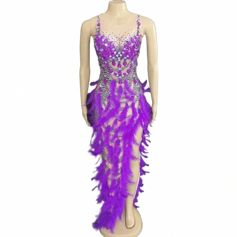 new Sexy Purple Sequins Crystals Feather Lg Dr Women Dancer Team Latin Modern Dance Costume Nightclub Bar Party Stage Wear w4sb#