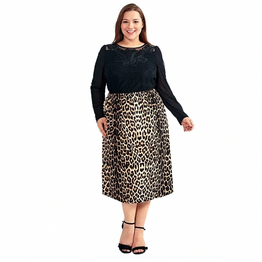 Vintage grande taille jupes pour femmes imprimé léopard confortable décontracté taille haute droite Stretch Lg jupe 4XL 5XL 6XL 8XLH123 Z03N #