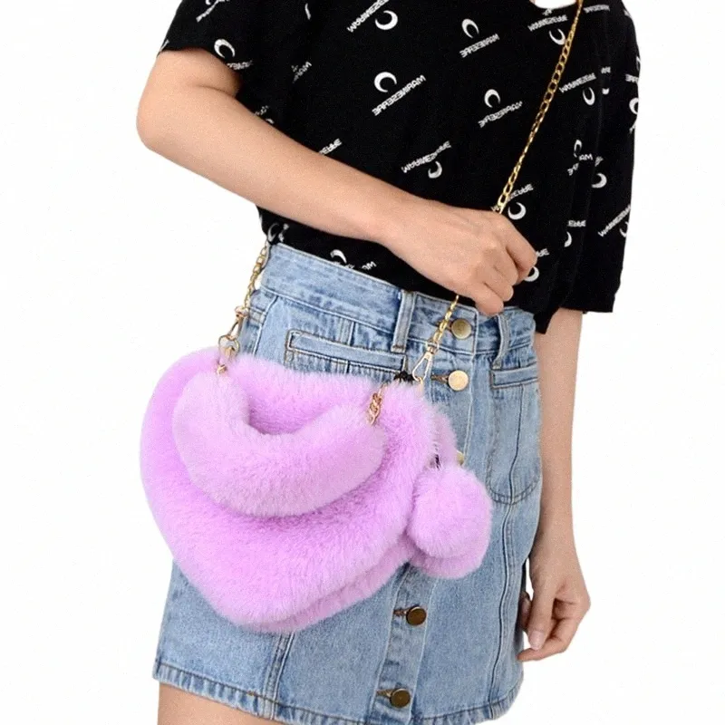 Bolsos pequeños de piel sintética en forma de corazón para mujer, bolso de hombro con cadena para mujer de felpa esponjosa, bolso de mano diario peludo para mujer U9DT #