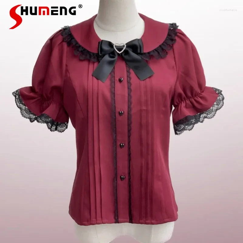 Blouses pour femmes Original Lolita col marin noeud papillon chemises sous-culture Mine série produite en série mignon dentelle à manches courtes hauts Blusa Feminina