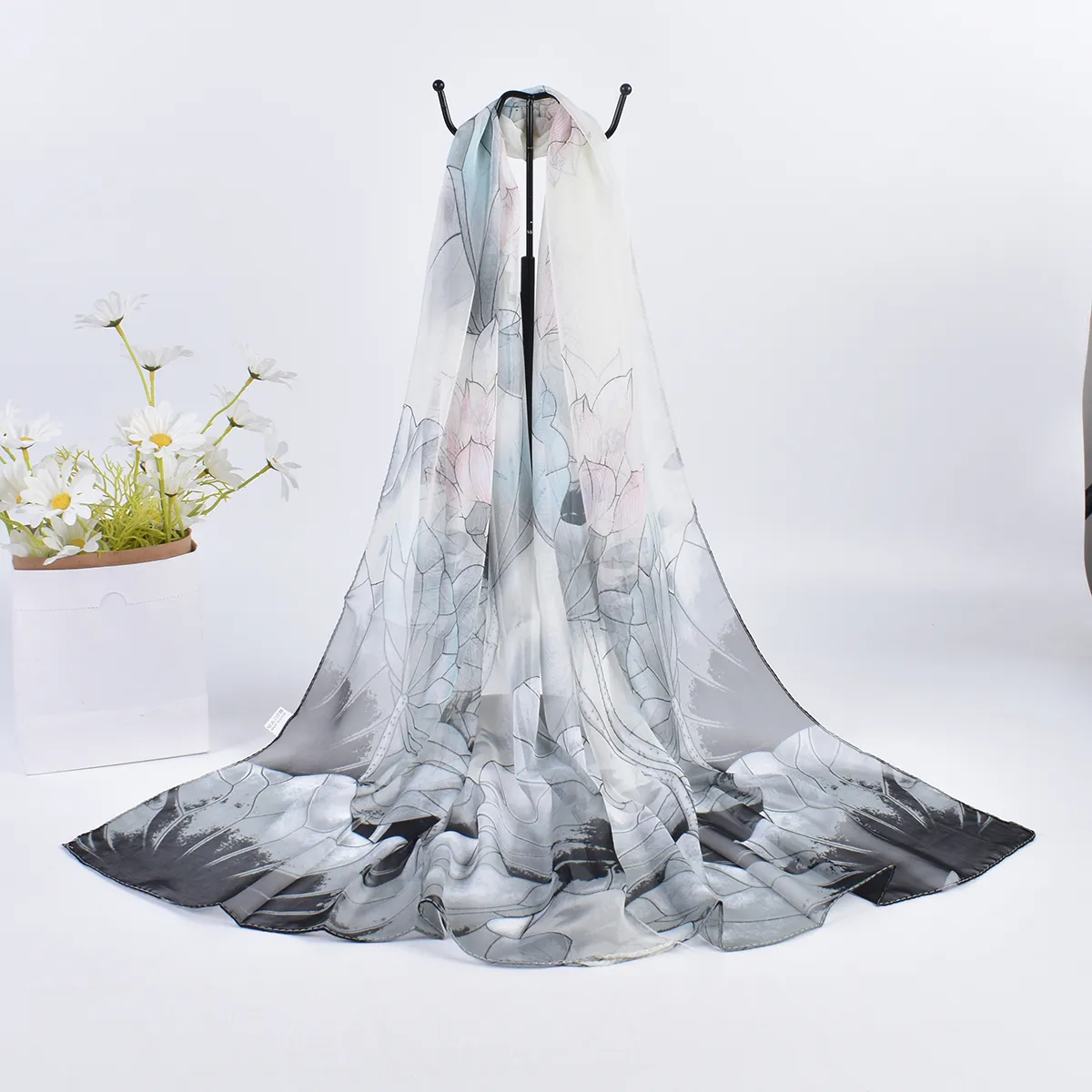 Off-White Light Gray Floral Foulard Logo Scarf Visor One Size Fits Most Silk Square Scarf With Black White Floral Print | Affordable  main image 4