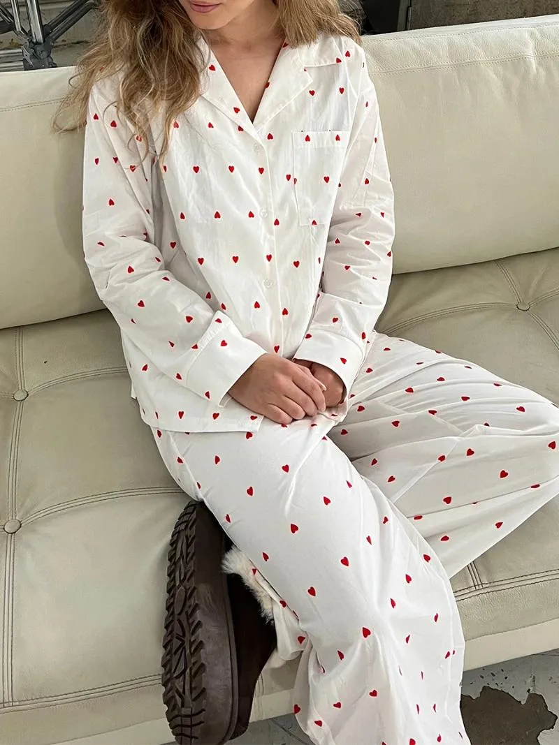 Home Clothing Women 2-Piece Pajama Set Long Sleeved Lapel Button Up Shirt Floral/Heart-Shaped Printed Pants Casual