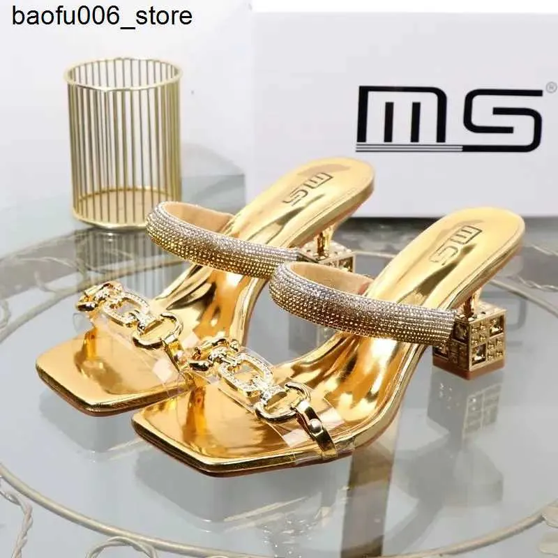 Sandals Sltnx 2023 New Summer Golden Golden Shicay Heel Womens Sandals Elegant High Cheels مع أشكال خاصة ودونات الماس Q240330