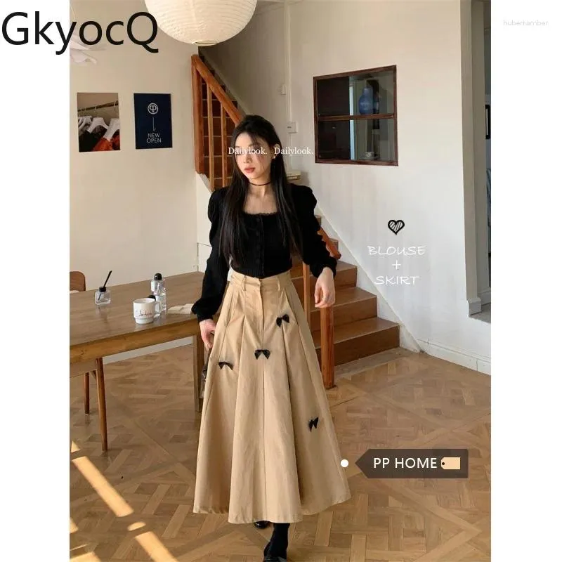 ワークドレスGKYOCQ KKYOCQ KOREAN FASION TWO PIECESフレンチエレガントなスクエアカラーパフスリーブブラックブラウスボウハイウエストラインロングスカート