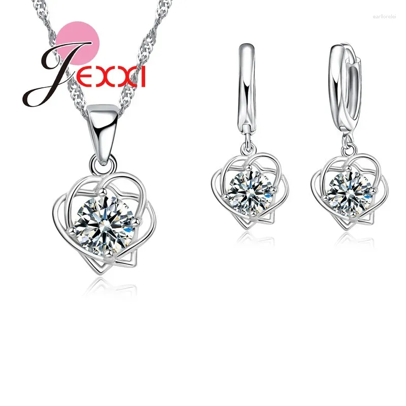 Ketting Oorbellen Set Bruids Bruiloft Kubieke Zirkoon Kristal 925 Sterling Zilveren Hanger Nekclaces Hart Sieraden