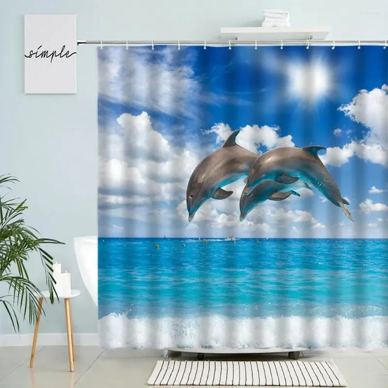 Cortinas de ducha Delfín Océano Paisaje Cortina Animales marinos Cielo azul Nube blanca Playa Baño natural Pantalla impermeable con conjuntos de ganchos