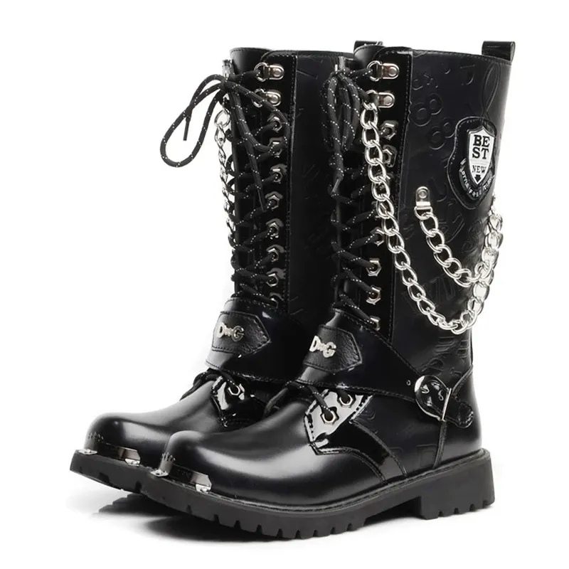 Stiefel Motocycle -Stiefel Größe 3746 Männer Schuhe Armee Boot Hightop Military Combat Stiefel Metallkette Männliche Moto Punk -Stiefel