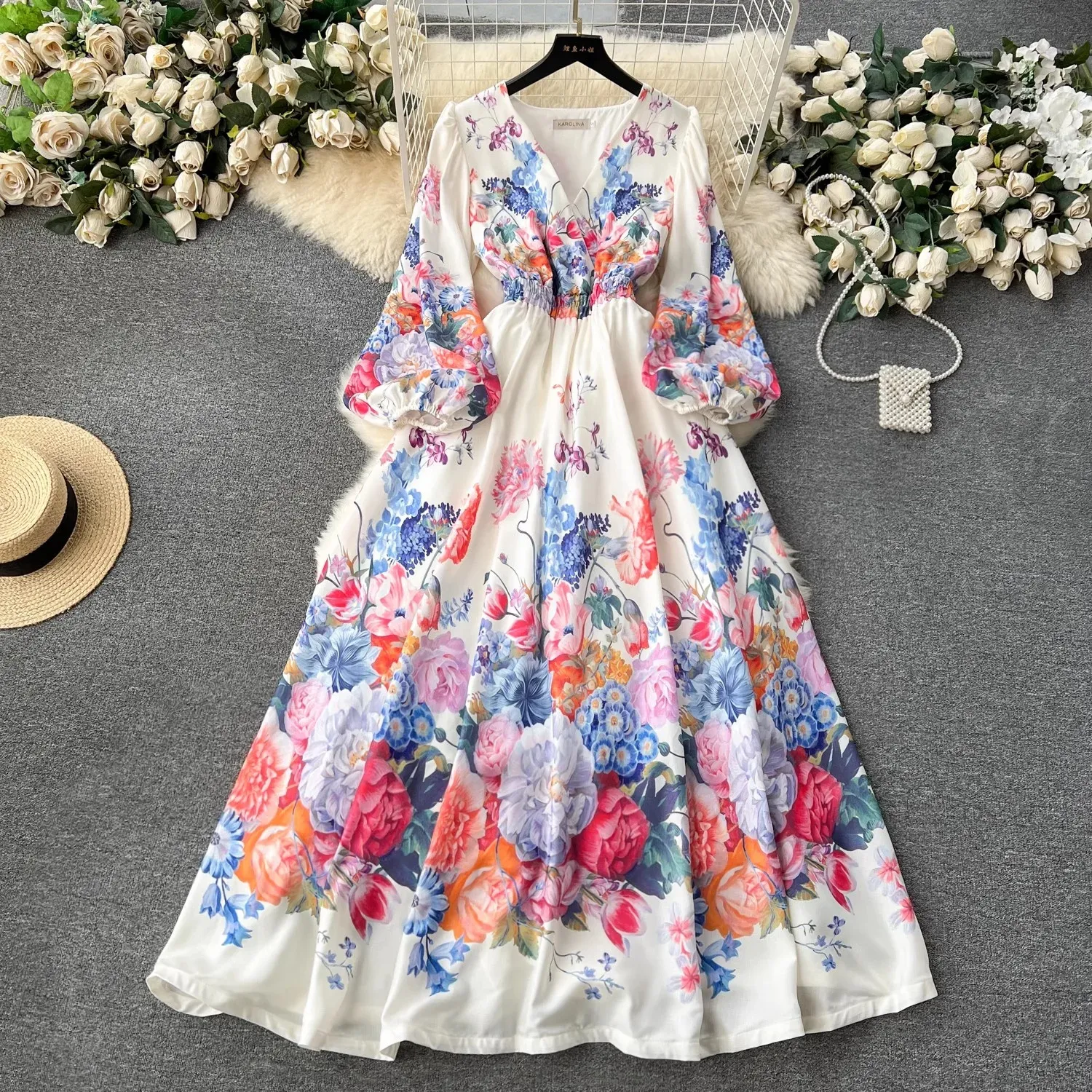 Grundläggande casual klänningar vårhelg FLOWER LINEN MAXI DRESS ELEGANT V-NECK Elastic midja Long Lantern Sleeve Prom Robe Clothes Party Vestidos 2024