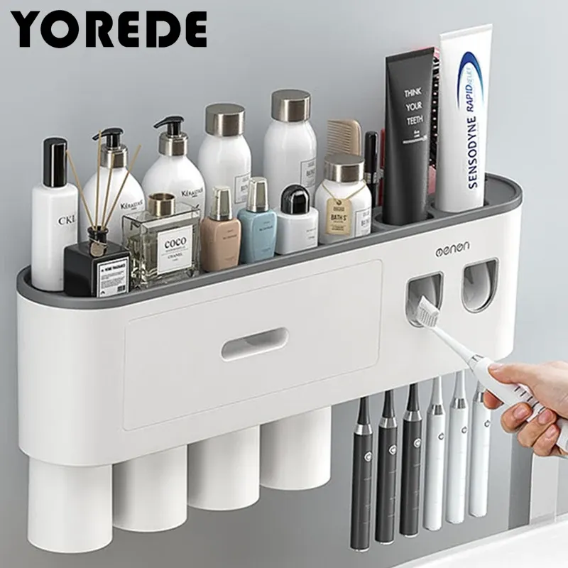Teste di tazze magnetiche yorede di spazzolino per spazzolino spazzolino distributore di dentifricio organizzatore per la casa accessori per bagno set