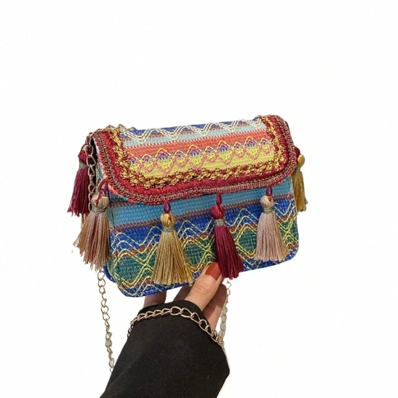 Vintage Natial Damentasche Quaste Ethnische handgewebte Umhängetasche Hippie Sling Umhängetaschen für Damen Kleine Handtasche 3 Farben Y8QE #