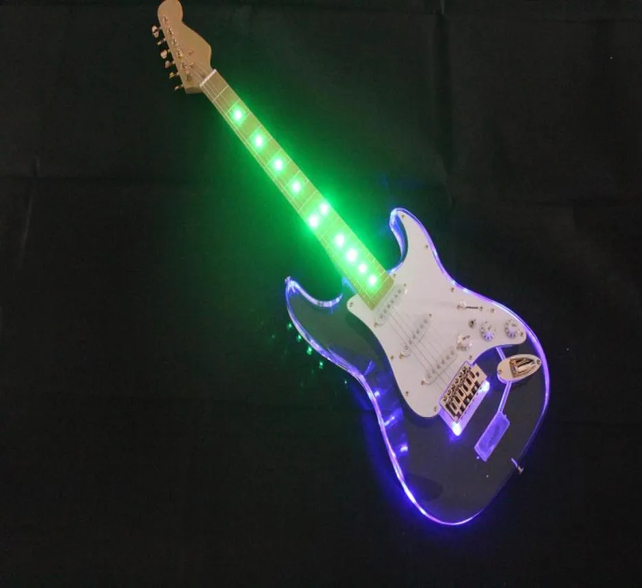 Factory hela akrylglaset Electric Guitar med färgglada LED -ljusljus pickupsoffering anpassade tjänster9261074
