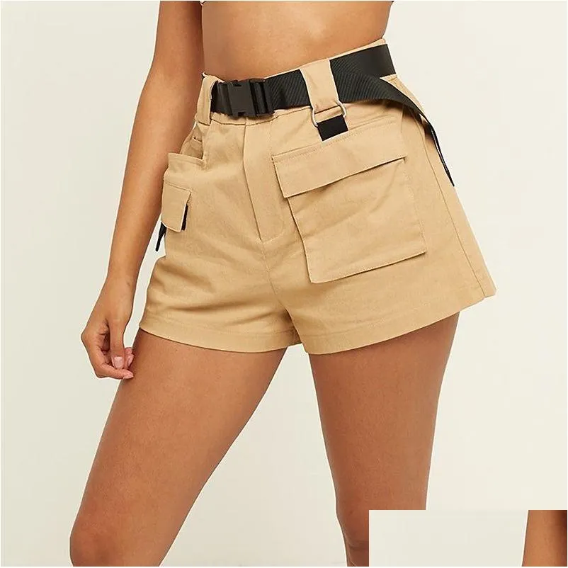 Kvinnors shorts chic streetwear kvinnors hög midja last med bälte.safari stil damer mti-pocket droppleveranskläder kläder ot5xa