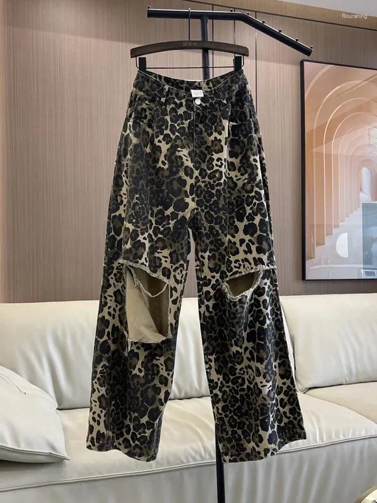 Jeans de femmes léopard baggy pour femmes américaines rétro déchiré trou 2024 printemps été pantalon surdimensionné denim droit