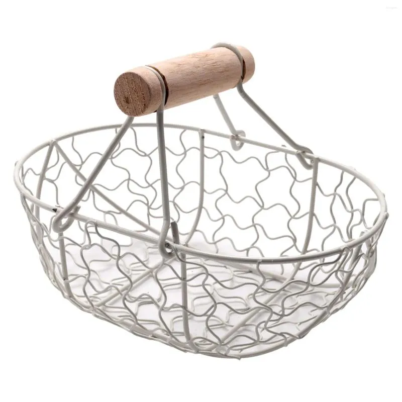 Kitchen Storage Wooden Handle Metal Retro Basket White