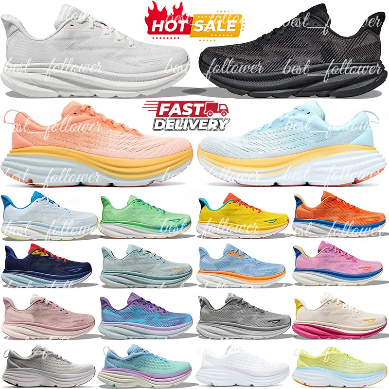 2024 Clifton 9 Bondi 8 Kawana Running Shoes para Homens Mulheres Designer Sapatilhas Rosa Laranja Triplo Preto Branco Mens Mulheres Treinadores Esportivos Ao Ar Livre