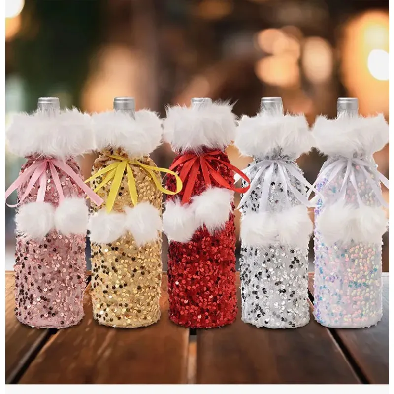 2024 Kerstwijndecoraties voor huis pailletten doek wijnflesomslag Sneeuwman kous cadeau houders Xmas Navidad Decor Nieuwjaar Kerstmis