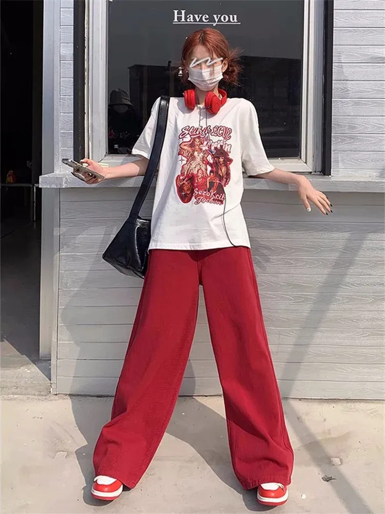 QWEEK Red Baggy Jeans Y2K Korean Style Oversized Wide Leg Denim