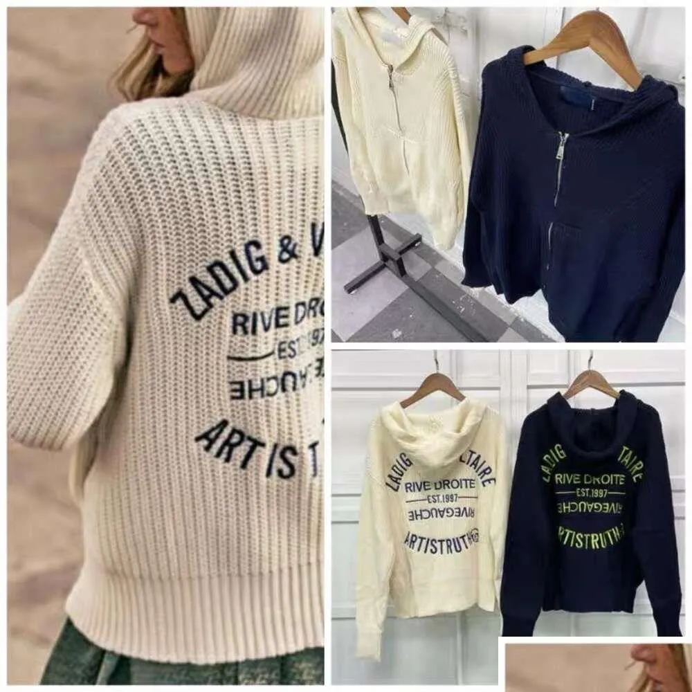 Mulheres Knits Tees 23Ss Zadig Voltaire Designer Sweater Casacos Moda Hoodie Solto Clássico Versátil Carta Bordado Zipper Lã K Otuef