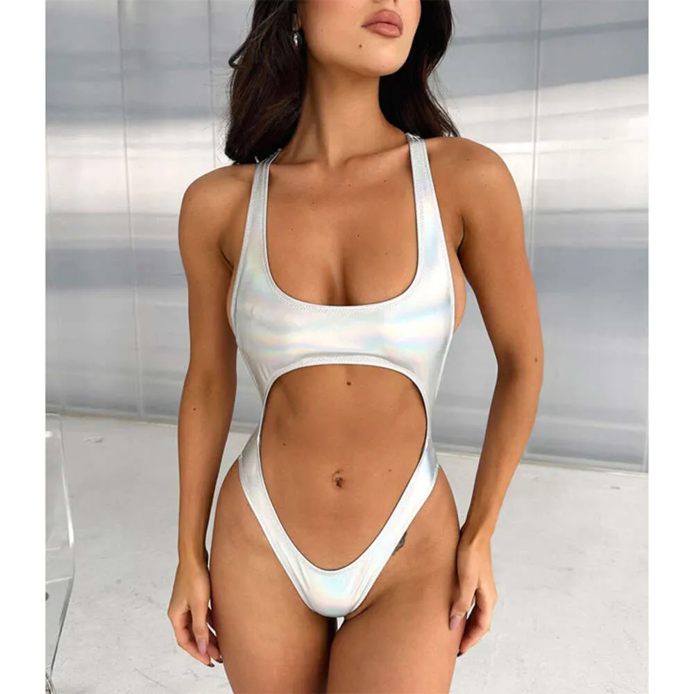 2024 New Silver One Piece Swimsuit Sexy Hollow Womens Bikini Pinduoduo Spicy Girl Style