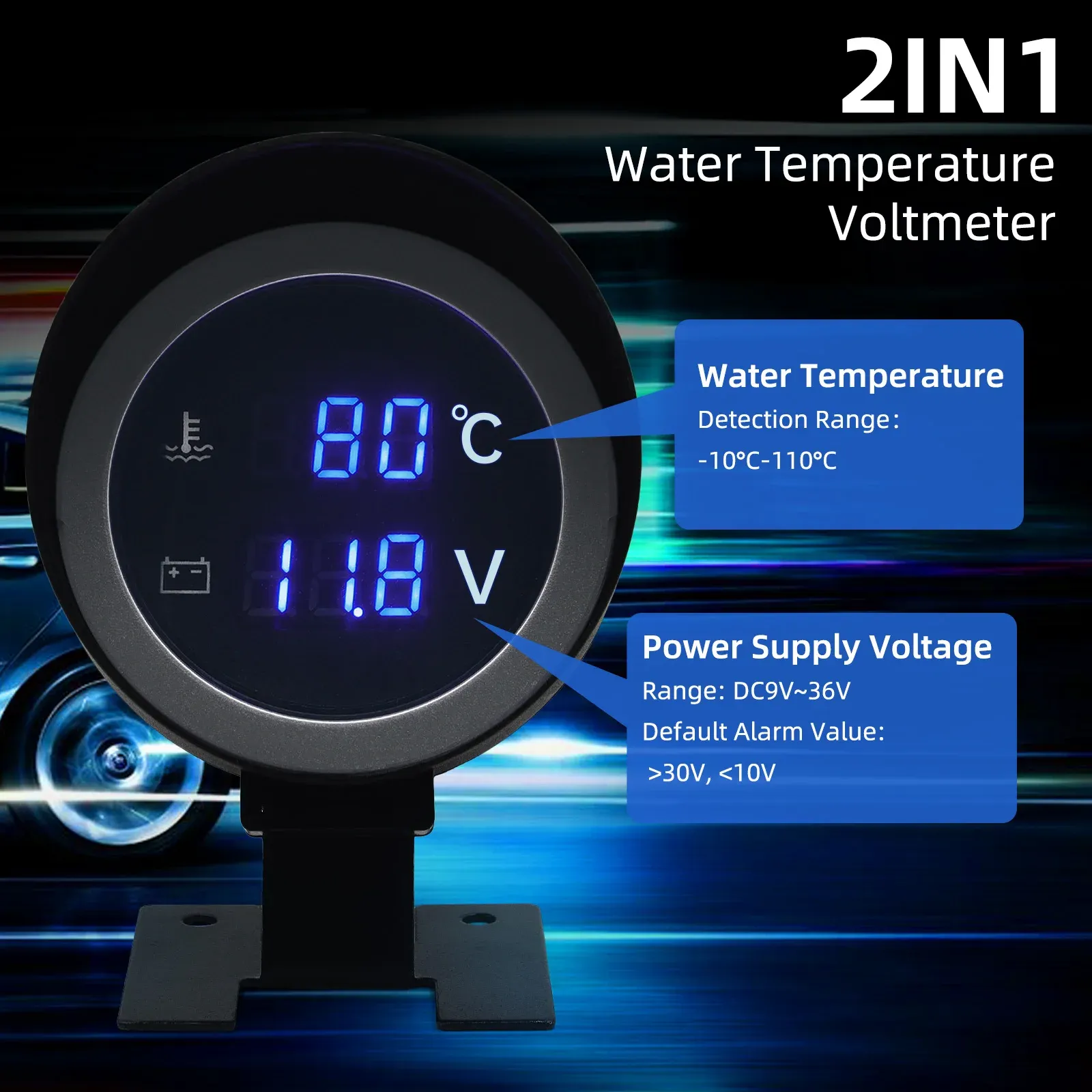 XUKEY 2-in-1 LCD Digital Water Temp Gauge & Voltmeter – 12V/24V Universal, With Sensor, Black