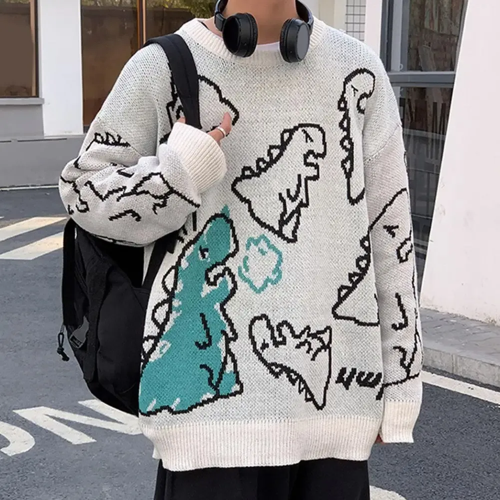 Cute Dinosaur Pattern Men Sweater Anti Pilling Long Sleeve Knitwear for Home Comfort Style