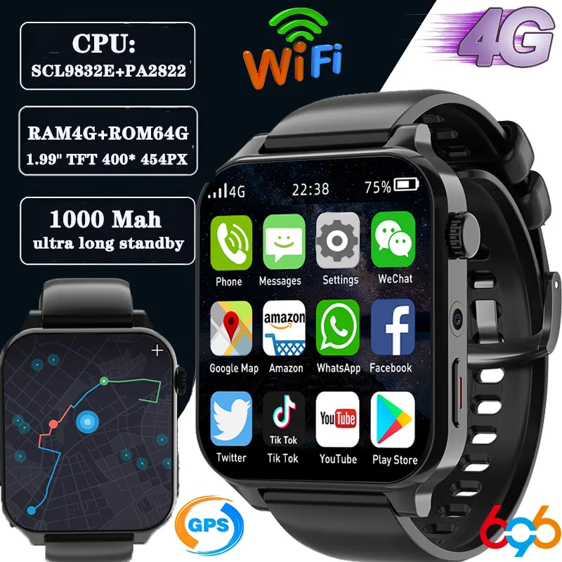 2023 Novo RAM 4GB ROM 64 GB 1,99 polegada 4G Call Smart Watch GPS WiFi Dual Camera Testando Sports Sports Sportswatch Smartwatch