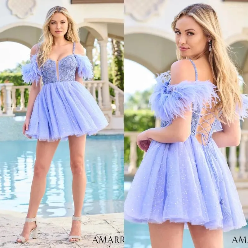 Party Dresses Lavender Beading Prom Feather Sexy Spaghetti Neck Mini Cocktail Formal Dress Event Gowns Ruffles for Homecoming