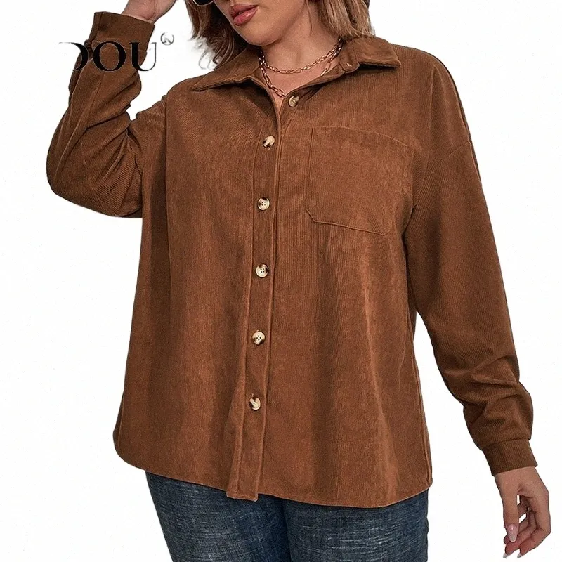 autumn Winter Fi Elegant Plus Size Simple Blouse Women Casual Solid Oversized Shirt Female Corduroy Loose Chic Lady Tops y00I#